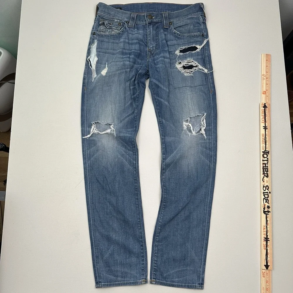 True Religion Geno Flap Relaxed Slim Jeans Mens 33x34 Distressed Blue Stretch